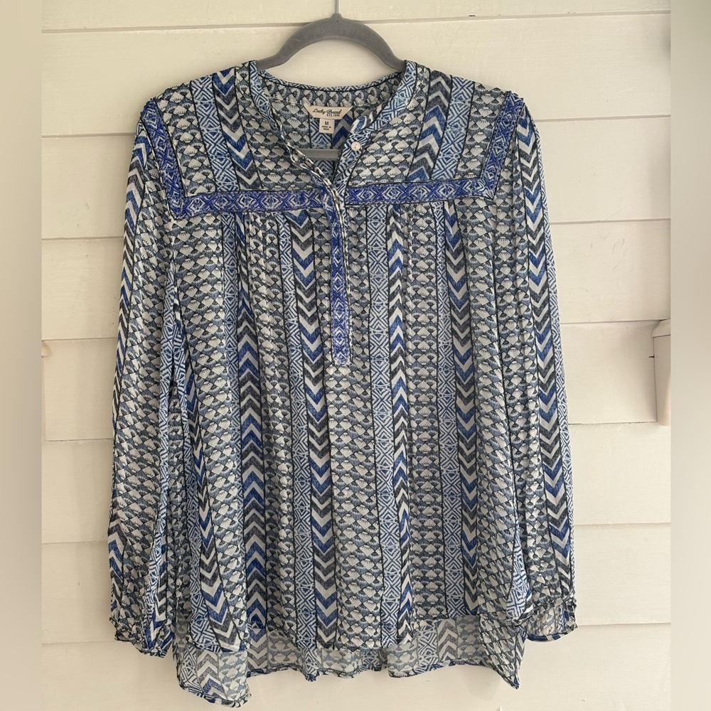Lucky Brand Mixed Print Blue Beaded Peasant Boho Top Women’s Size Medium